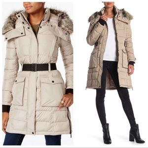 French Connection belted puffer coat, mid-length. Stylish and warm!